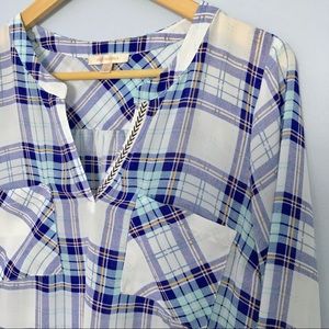 Skies Are Blue Plaid Popover Blouse, Like New